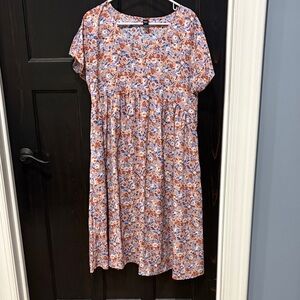 Floral Casual Dress - Orange and Blue